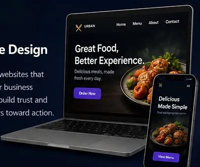 Modern responsive website shown on desktop and mobile